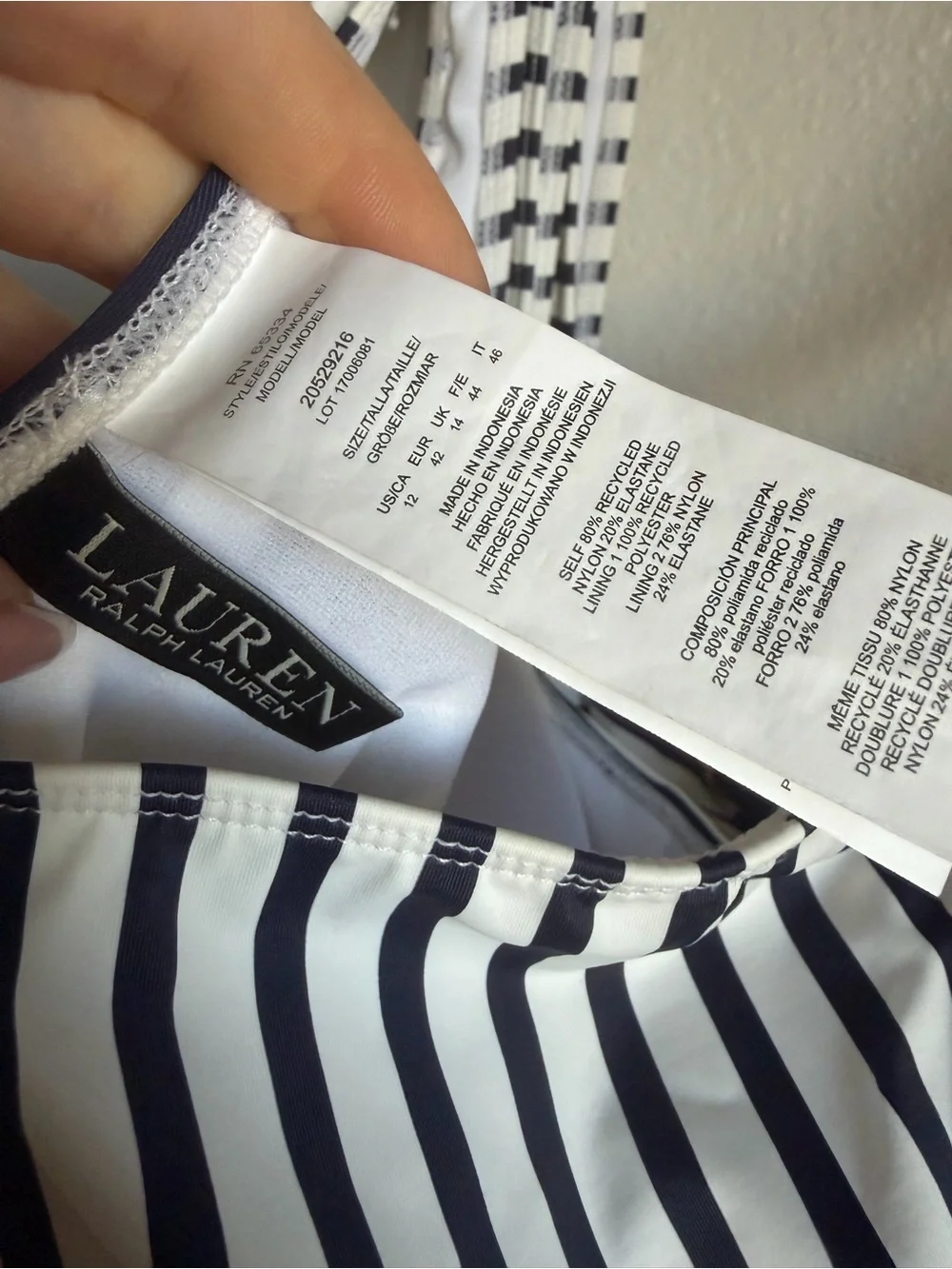 NWT Lauren Ralph Lauren Navy/White Luxe Stripe Laced Tank Swimsuit One Piece